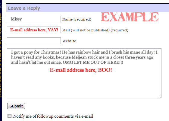 How to leave an e-mail address in Meljean's contest.
