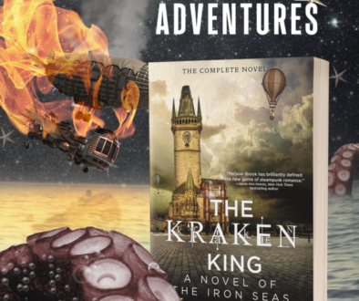 a graphic showing the cover for the Kraken King on an ocean with a tentacle and also a flaming airship and the text says "love is the greatest of all adventures"